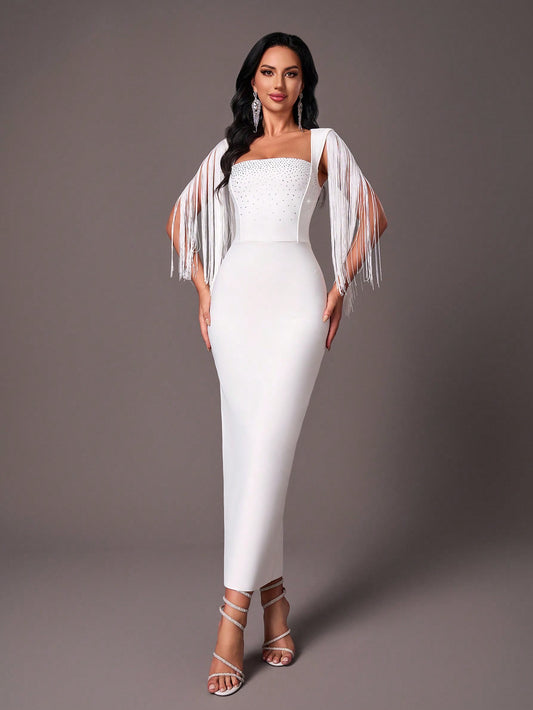LLstyle Elegant White Square Neck Shoulder Dress