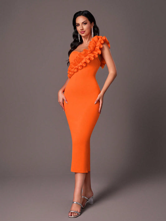 LLstyle Orange Irregular Oblique-Shoulder 3D Ruffled  Dress
