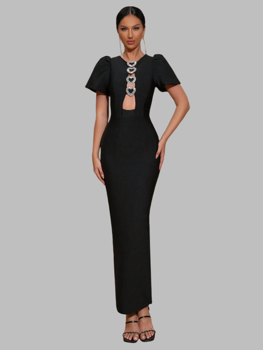 LLstyle Hollow-Out Bubble Sleeve Metallic Heart Black Long Dress