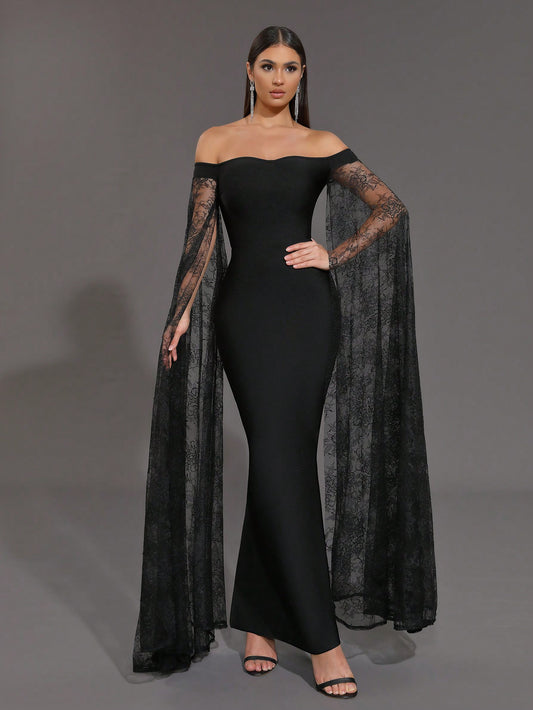 LLstyle Elegant Black Off-Shoulder Lace Patchwork Flowy Bandage Dress