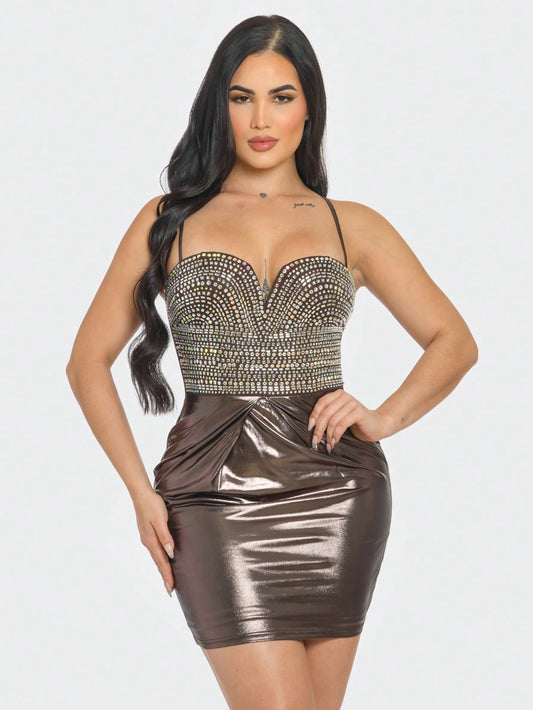 LLstyle Rhinestone Embellished Metallic Bodycon Dress