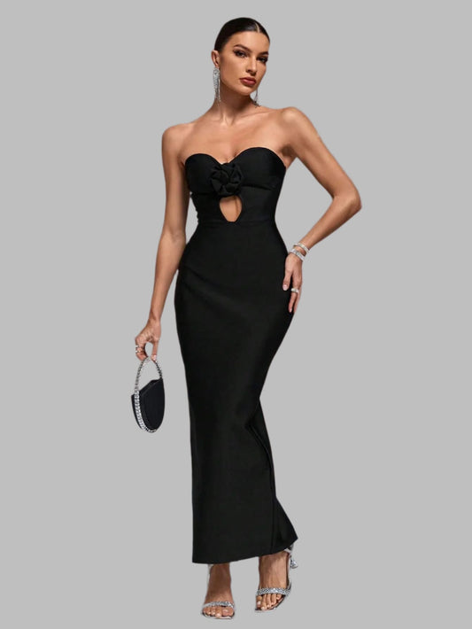 LLstyle Strapless Hollow Out 3D Floral High Waisted Maxi Dress