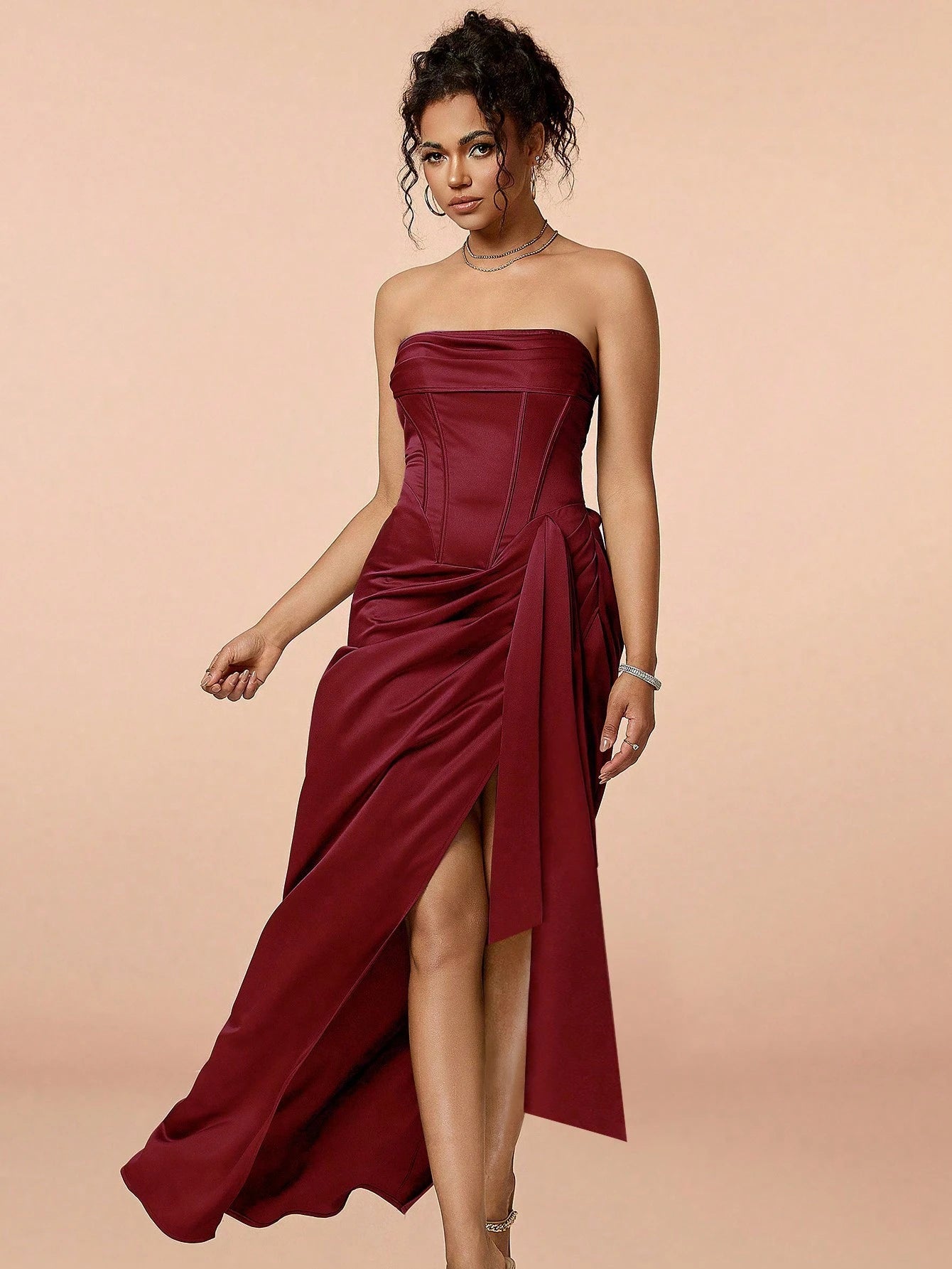 LLstyle Burgundy Strapless Draped Slit Gown