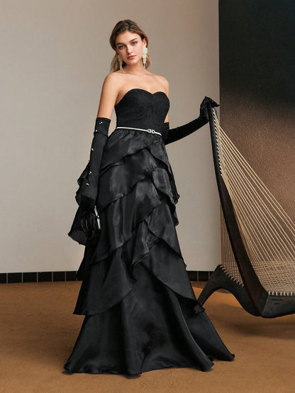 LLstyle Lace Bodice Layered Ruffle Hem Tube Cocktail Dress