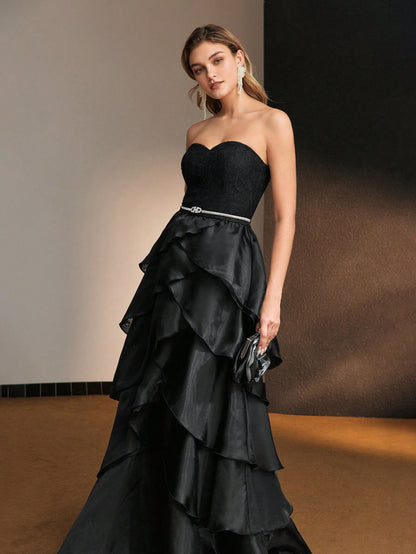 LLstyle Lace Bodice Layered Ruffle Hem Tube Cocktail Dress