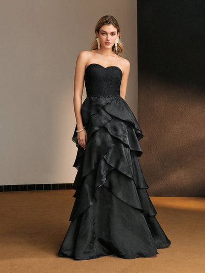 LLstyle Lace Bodice Layered Ruffle Hem Tube Cocktail Dress