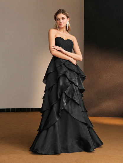 LLstyle Lace Bodice Layered Ruffle Hem Tube Cocktail Dress