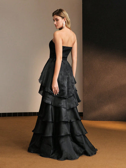 LLstyle Lace Bodice Layered Ruffle Hem Tube Cocktail Dress