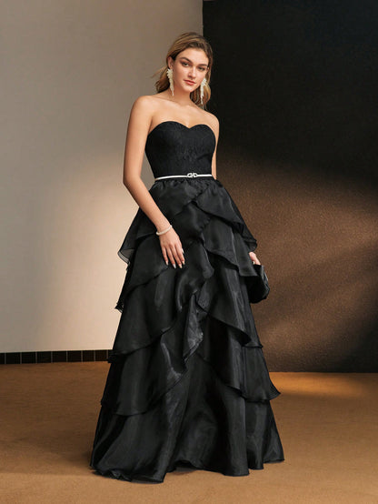 LLstyle Lace Bodice Layered Ruffle Hem Tube Cocktail Dress