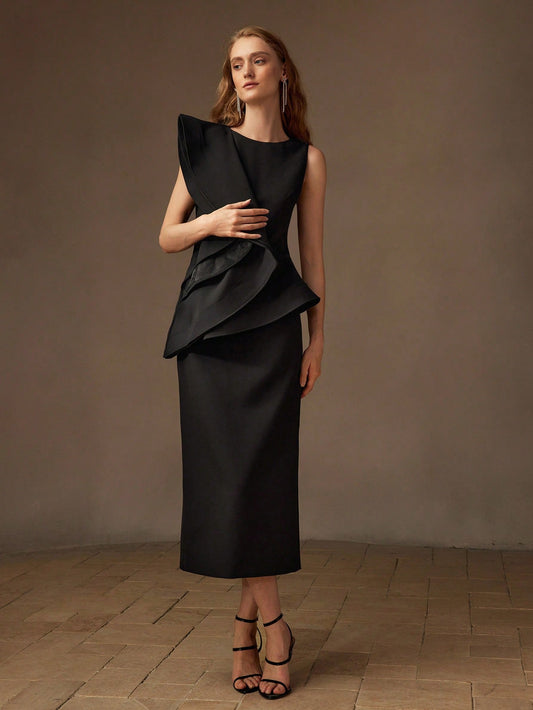 LLstyle Sold Layered Ruffle Trim Peplum Waist Midi Dress