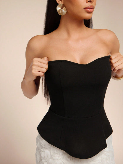 LLstyle Contrast Colorblock 3D Floral Applique Hem Strapless Mini Dress