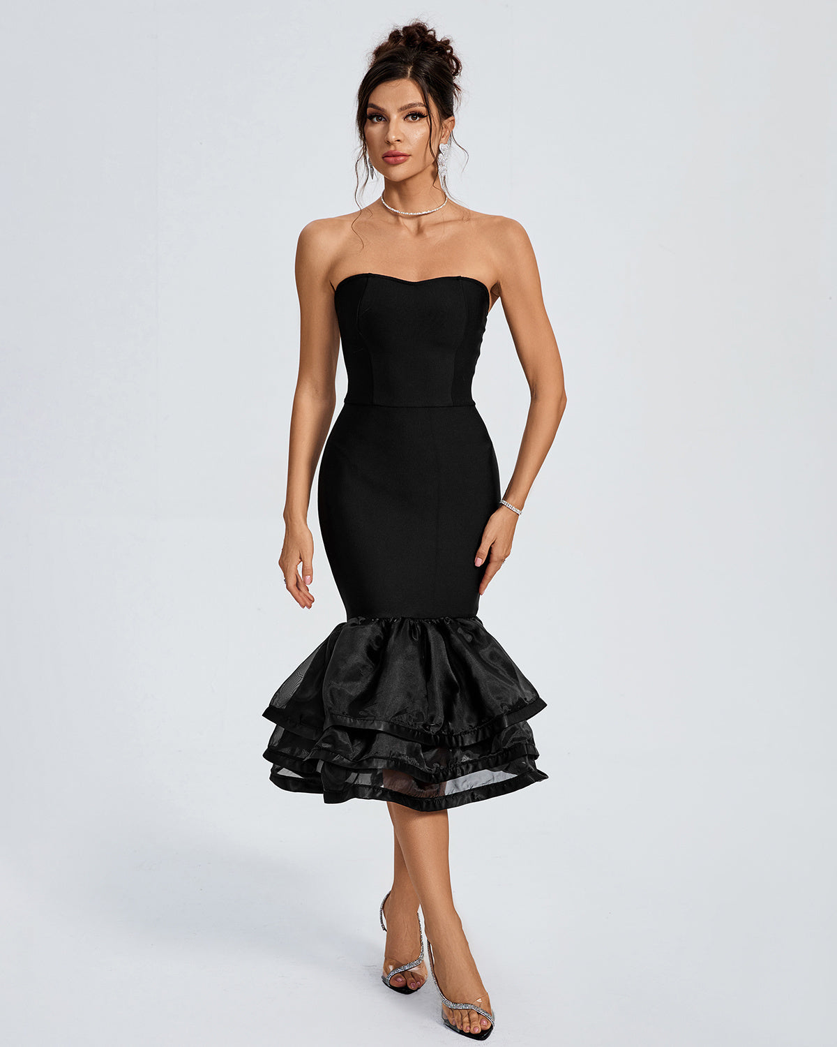 LLstyle Black Strapless Layered Ruffle Hem Dress