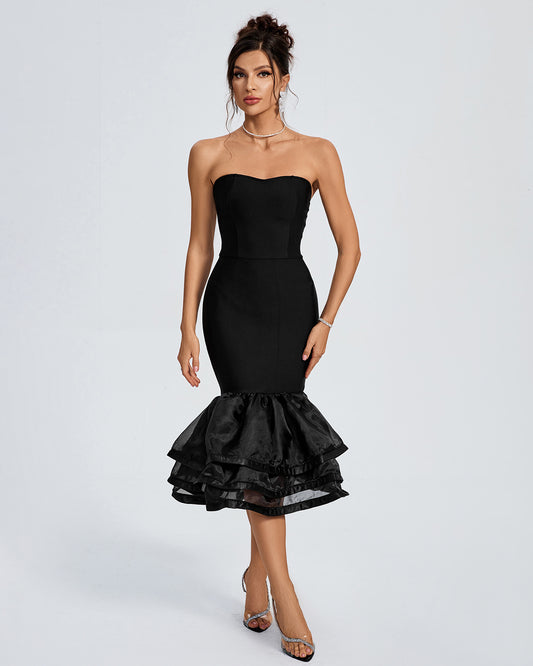 LLstyle Black Strapless Layered Ruffle Hem Dress