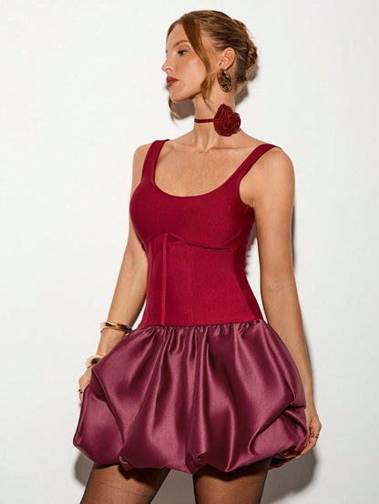 LLstyle Elegant Red Knit Bandage Dress with Flare Hem