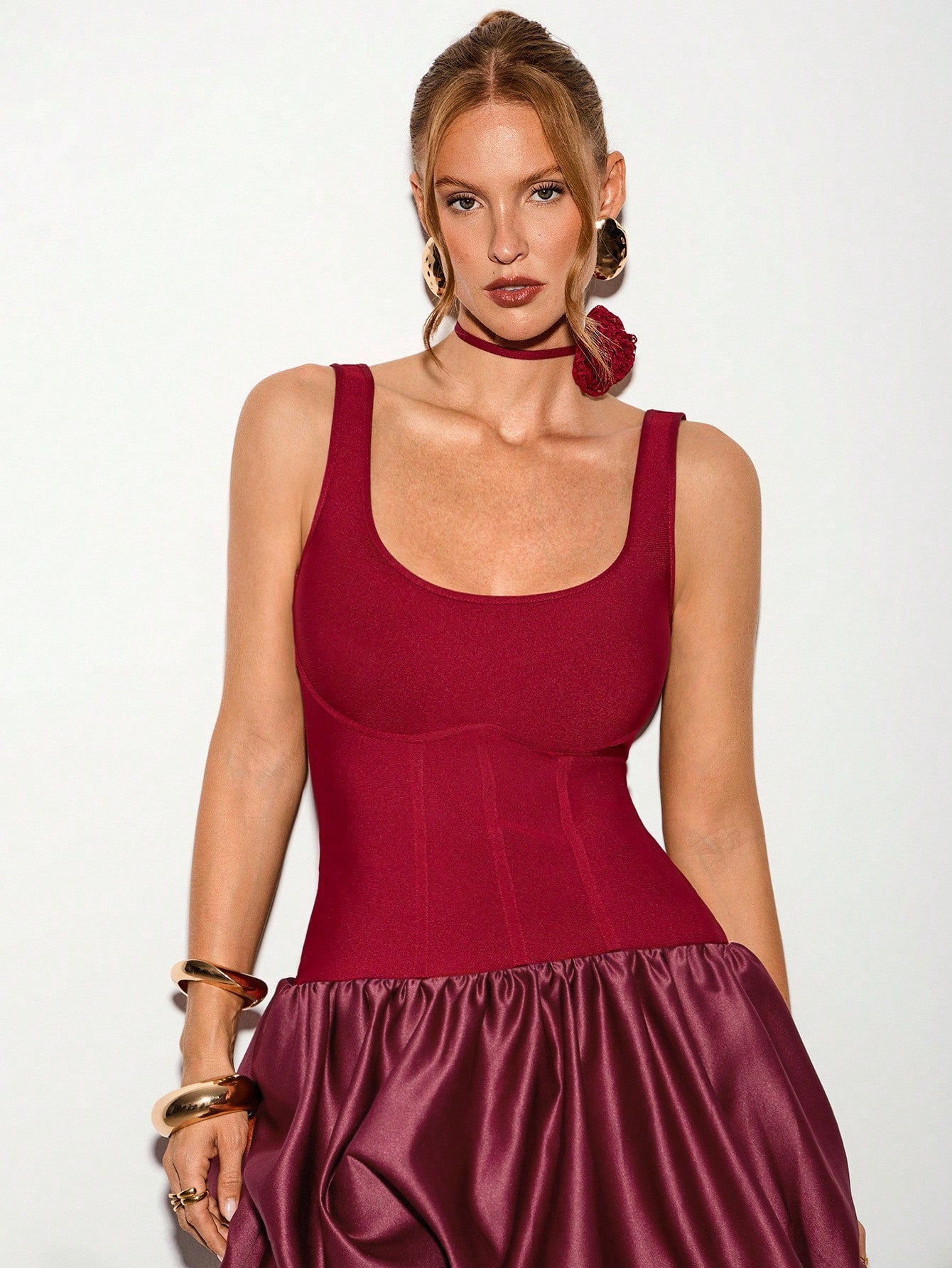 LLstyle Elegant Red Knit Bandage Dress with Flare Hem