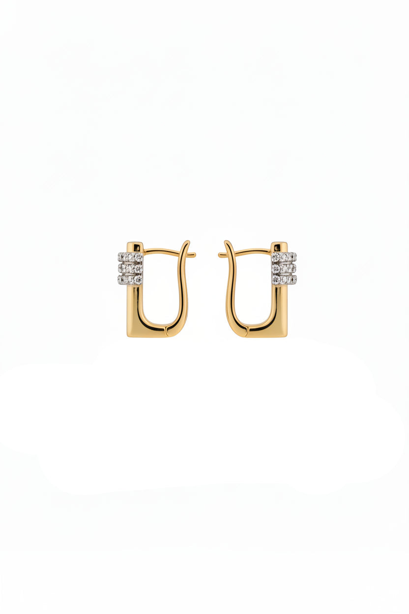 VALENTINA 14K solid gold rectangular hoop earrings with pave stone detail