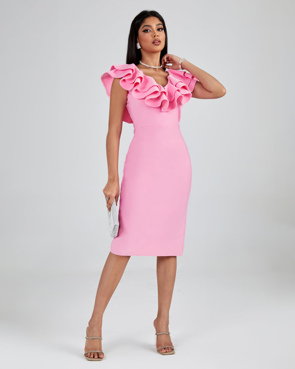 LLstyle Pink Ruffle Neck Midi Dress