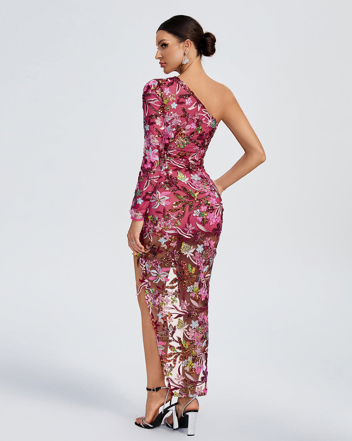 LLstyle One-Shoulder Floral Embroidered Mesh Dress