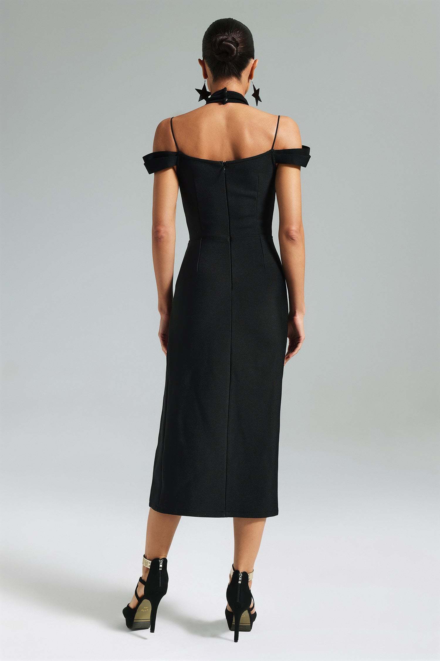 LLstyle Black Cross Halter Cutout Midi Dress