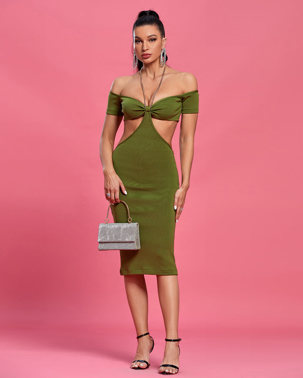 LLstyle Olive Cut-Out Off-Shoulder Midi Dress