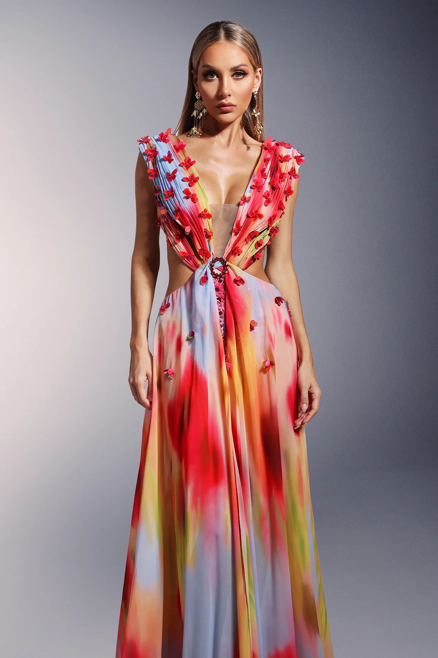 LLstyle Open-Back Floral Tie-Dye Maxi Gown