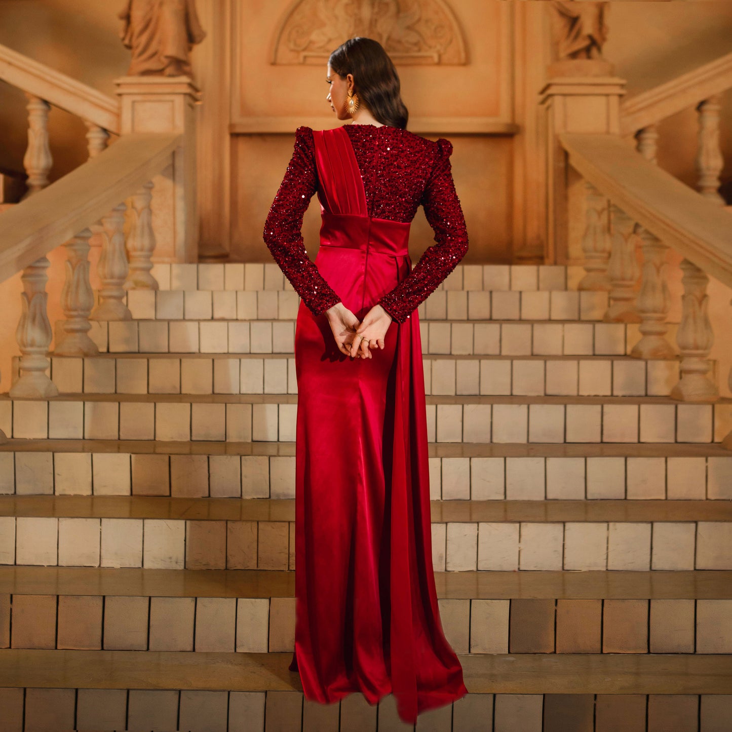 LLstyle Burgundy Sequin & Satin Draped Maxi Dress