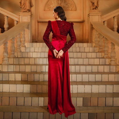 LLstyle Burgundy Sequin & Satin Draped Maxi Dress