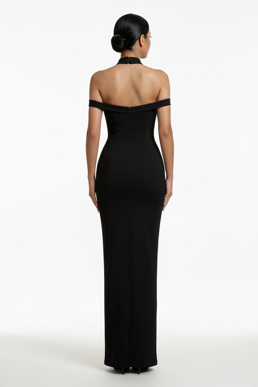 LLstyle Black 3D Floral Halter Gown