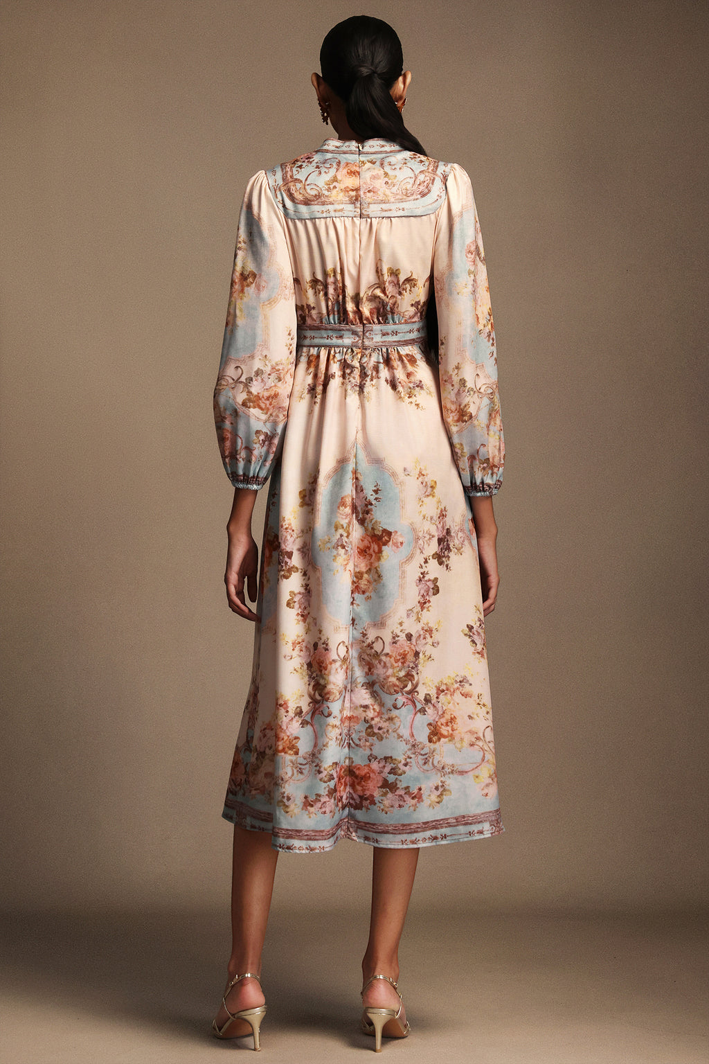 Vintage Floral Button-Front Midi Dress