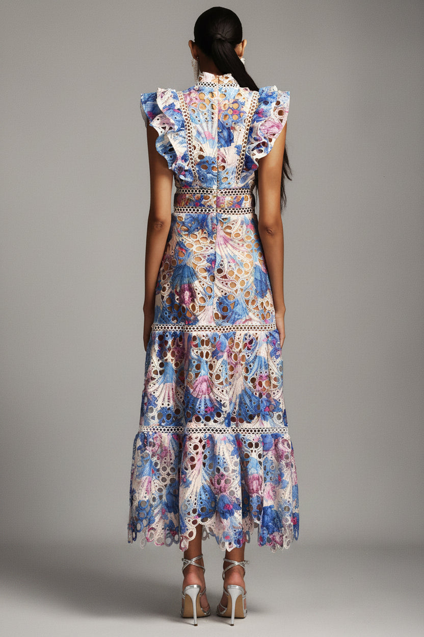 Flore Printed Lace Ruffle Midi Dress
