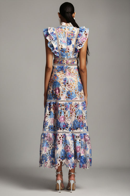 Flore Printed Lace Ruffle Midi Dress