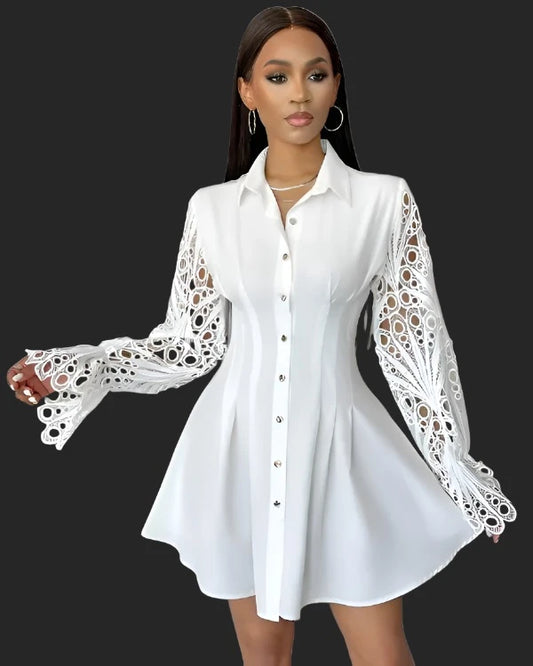 LLstyle Ruched Eyelet Embroidery Shirt Dress