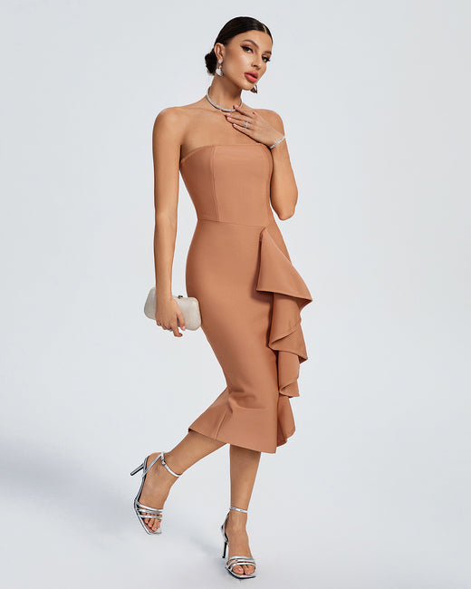 LLstyle Nude Strapless Ruffle-Detail Midi Dress