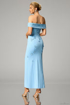 Blue Floral Appliqué Off-Shoulder Evening Gown