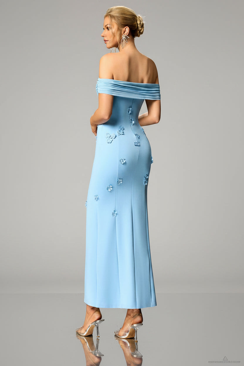 Blue Floral Appliqué Off-Shoulder Evening Gown