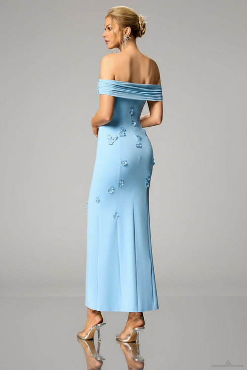 Blue Floral Appliqué Off-Shoulder Evening Gown