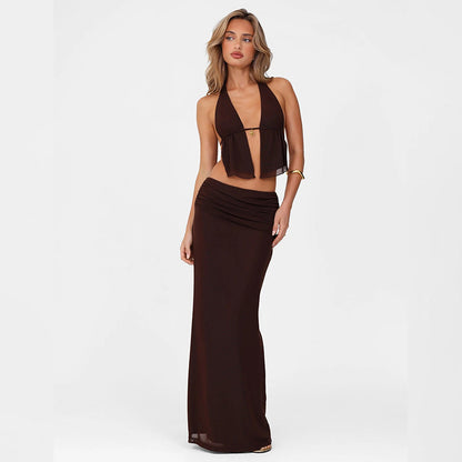 LLstyle Chocolate Brown Two-Piece Halter Maxi Set