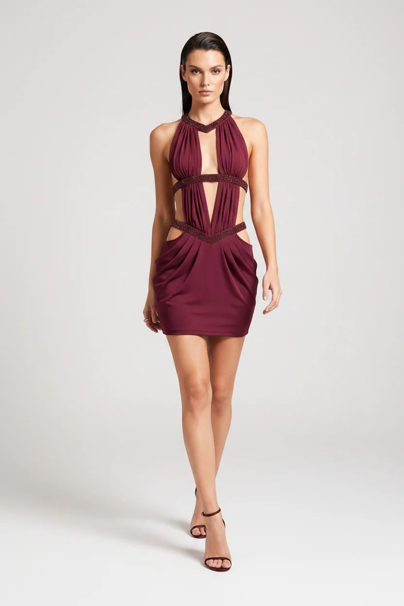 Eve Burgundy Embellished Cutout Mini Dress
