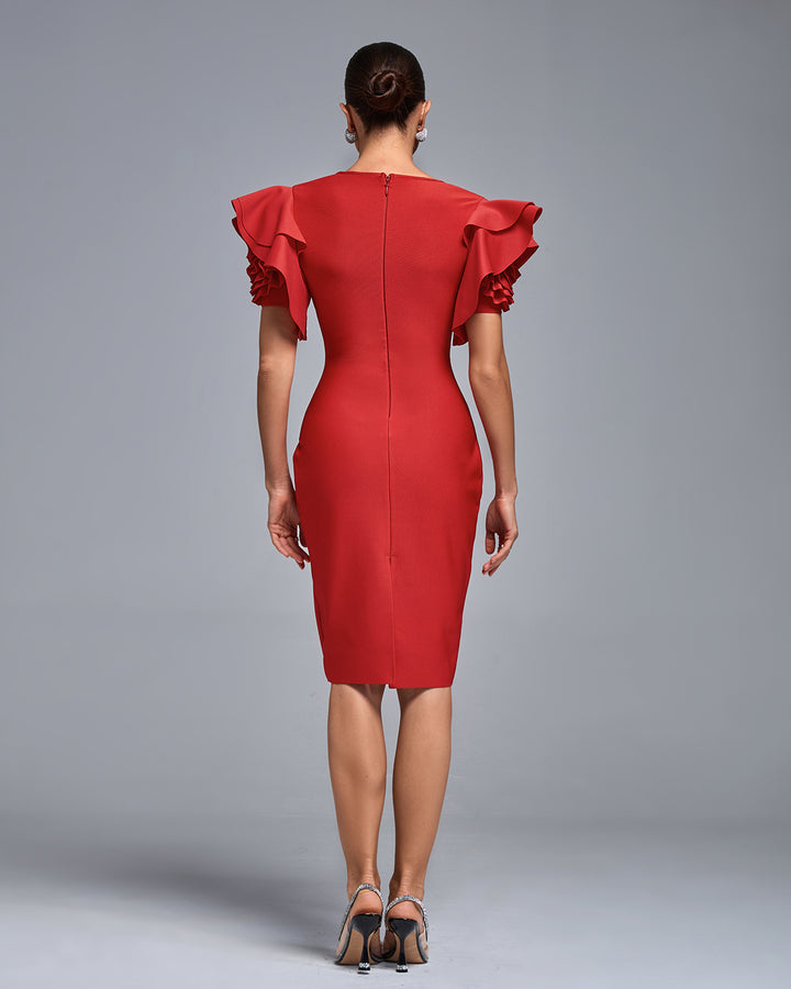 LLstyle Red Ruffle Sleeve Midi Dress