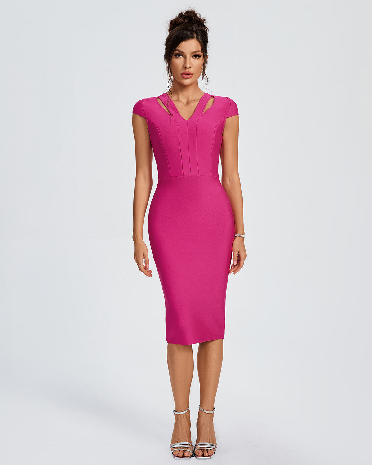 LLstyle Pink Cap-Sleeve Bodycon Midi Dress