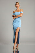Blue Floral Appliqué Off-Shoulder Evening Gown