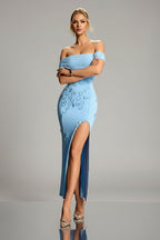 Blue Floral Appliqué Off-Shoulder Evening Gown