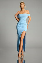 Blue Floral Appliqué Off-Shoulder Evening Gown