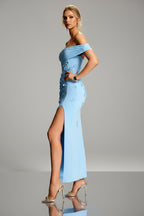 Blue Floral Appliqué Off-Shoulder Evening Gown