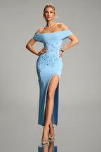 Blue Floral Appliqué Off-Shoulder Evening Gown
