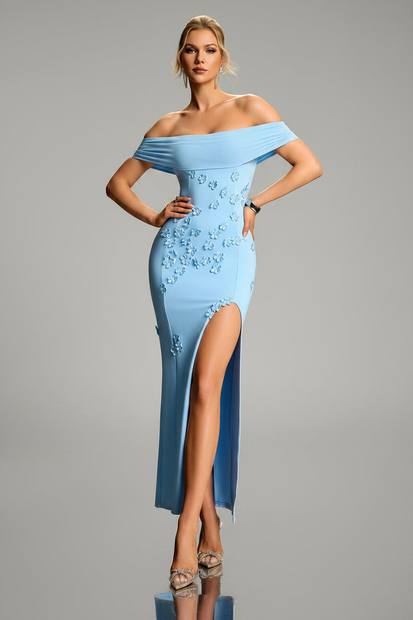 Blue Floral Appliqué Off-Shoulder Evening Gown