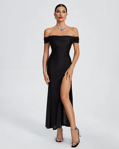 LLstyle Off-Shoulder Black Slit Evening Gown