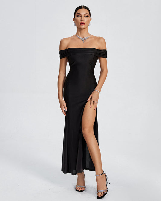 LLstyle Off-Shoulder Black Slit Evening Gown