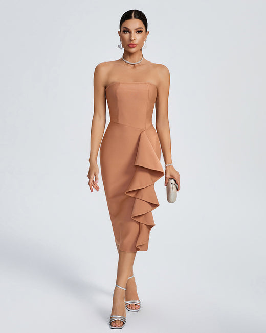 LLstyle Nude Strapless Ruffle-Detail Midi Dress