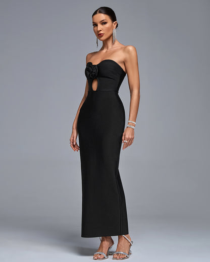 LLstyle Black Strapless Rose-Detail Maxi Dress